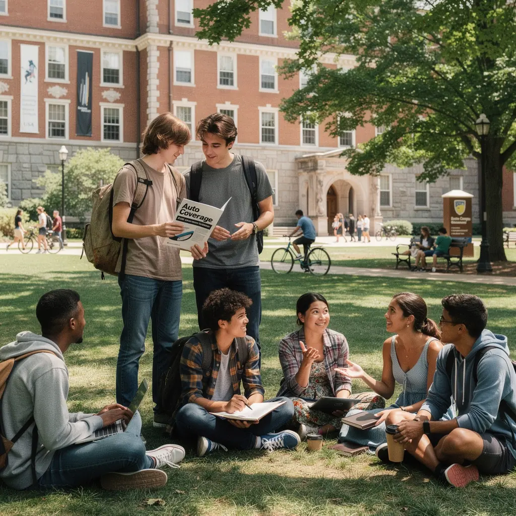 Изображение автомобиля с дорожным знаком о страховании и поддержке на дороге.