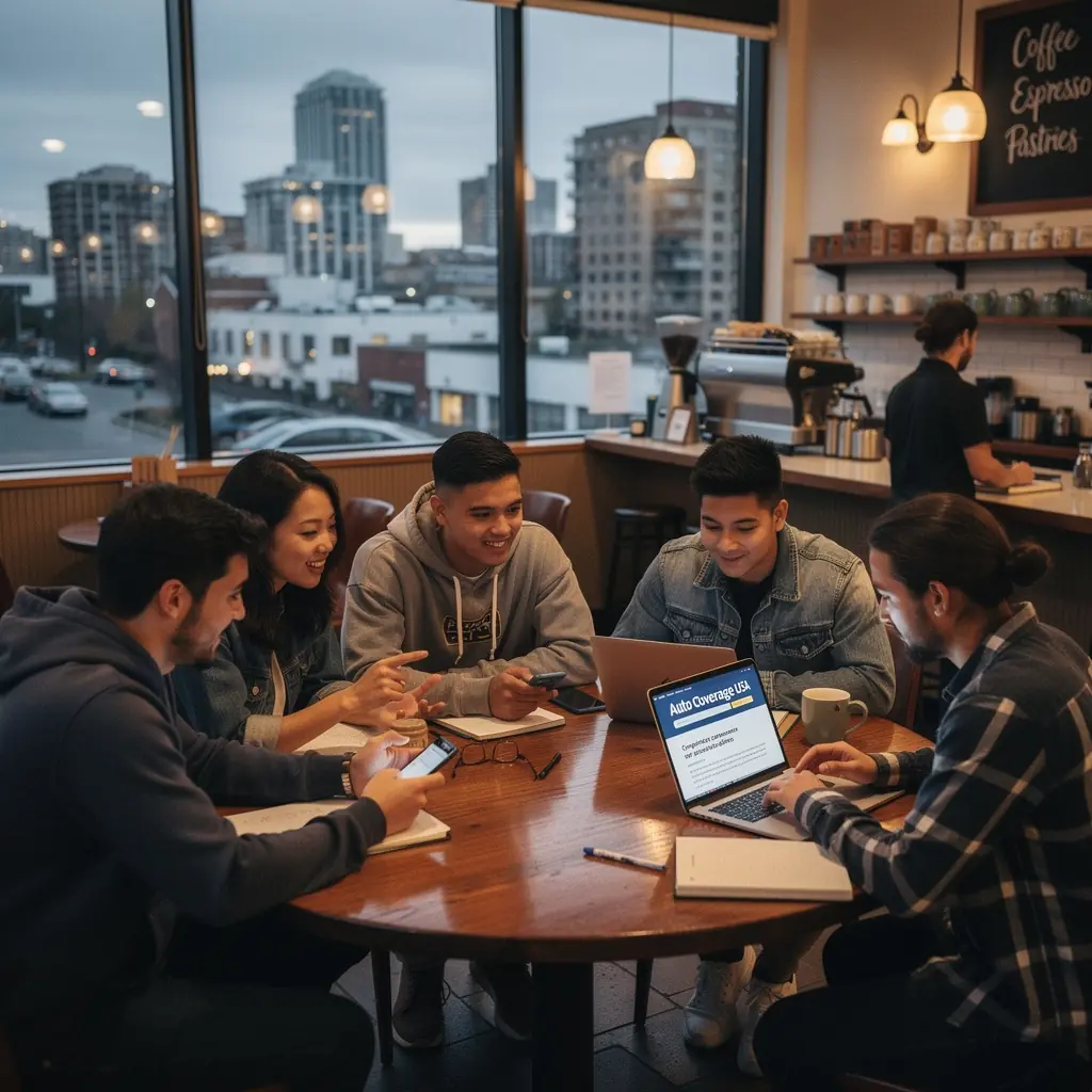 Изображение автомобиля с логотипом страховой компании и информацией о страховании водителей.