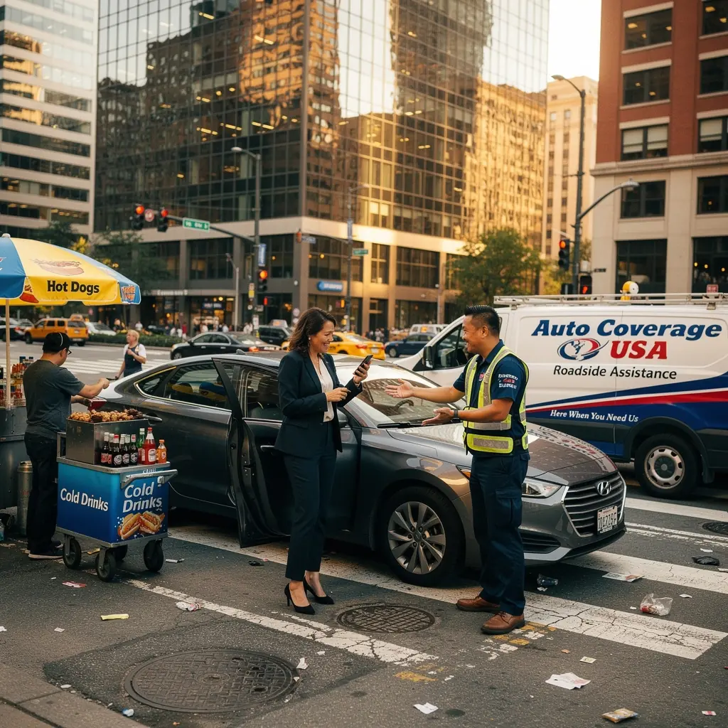 Схема услуг страхования с изображением механика, предоставляющего помощь на дороге.