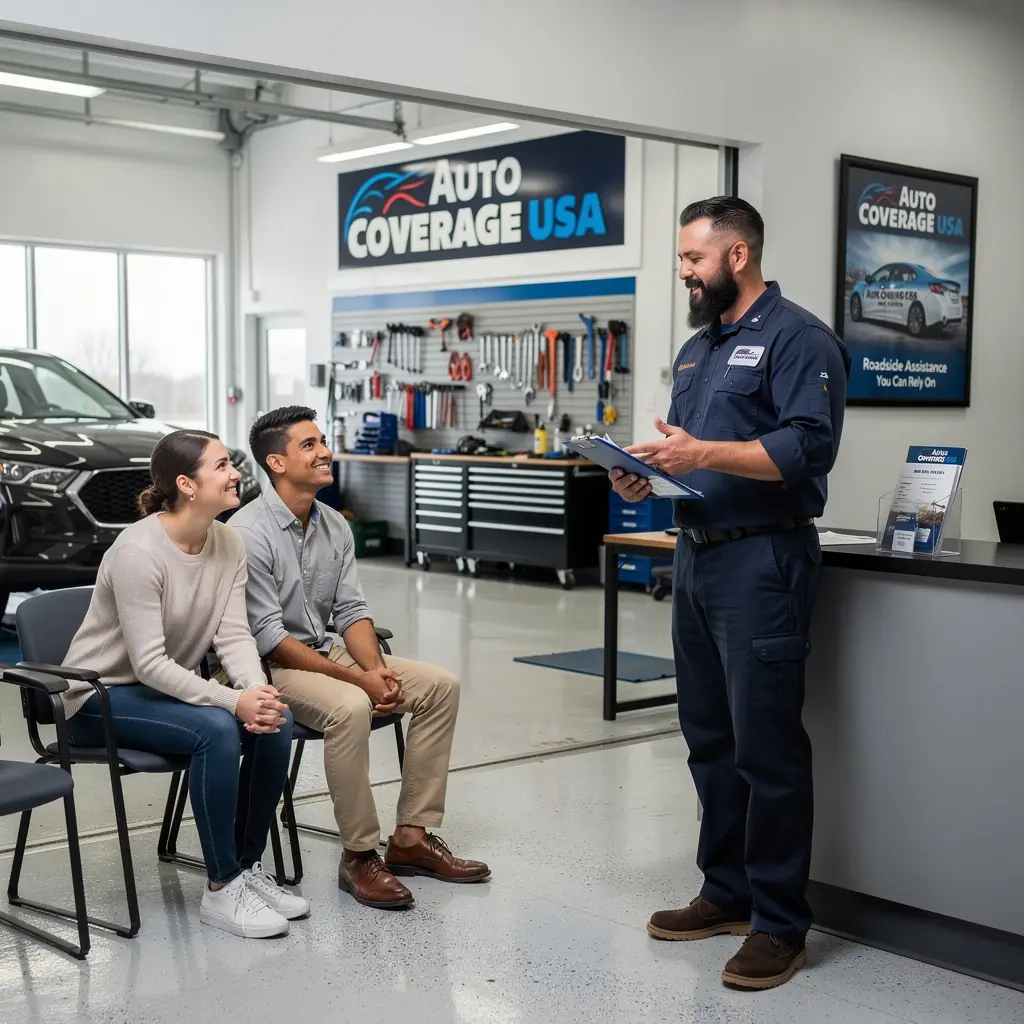 Счастливая семья, путешествующая на машине с полным покрытием страховки.